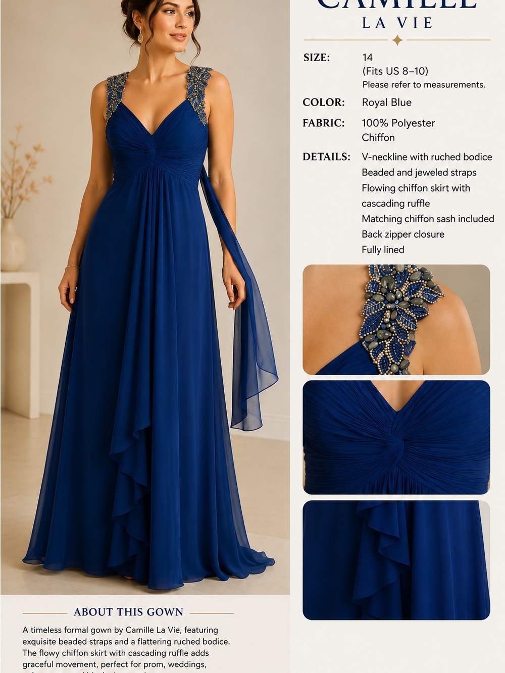 Camille La Vie Royal Blue Beaded-Strap Chiffon Maxi Dress